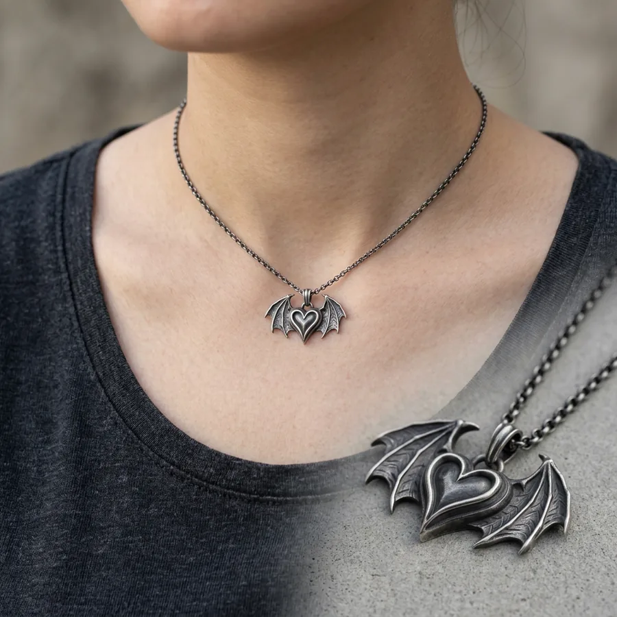 Smitten — Bat Wing Heart Necklace in Sterling Silver, view 2