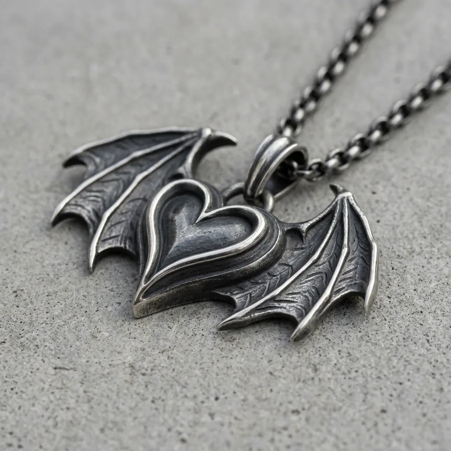 Smitten — Bat Wing Heart Necklace in Sterling Silver, view 3