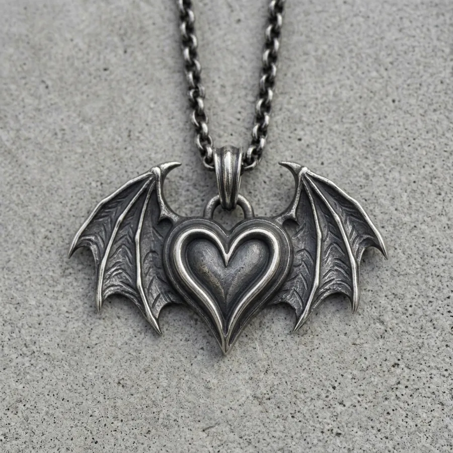 Smitten — Bat Wing Heart Necklace in Sterling Silver, view 1