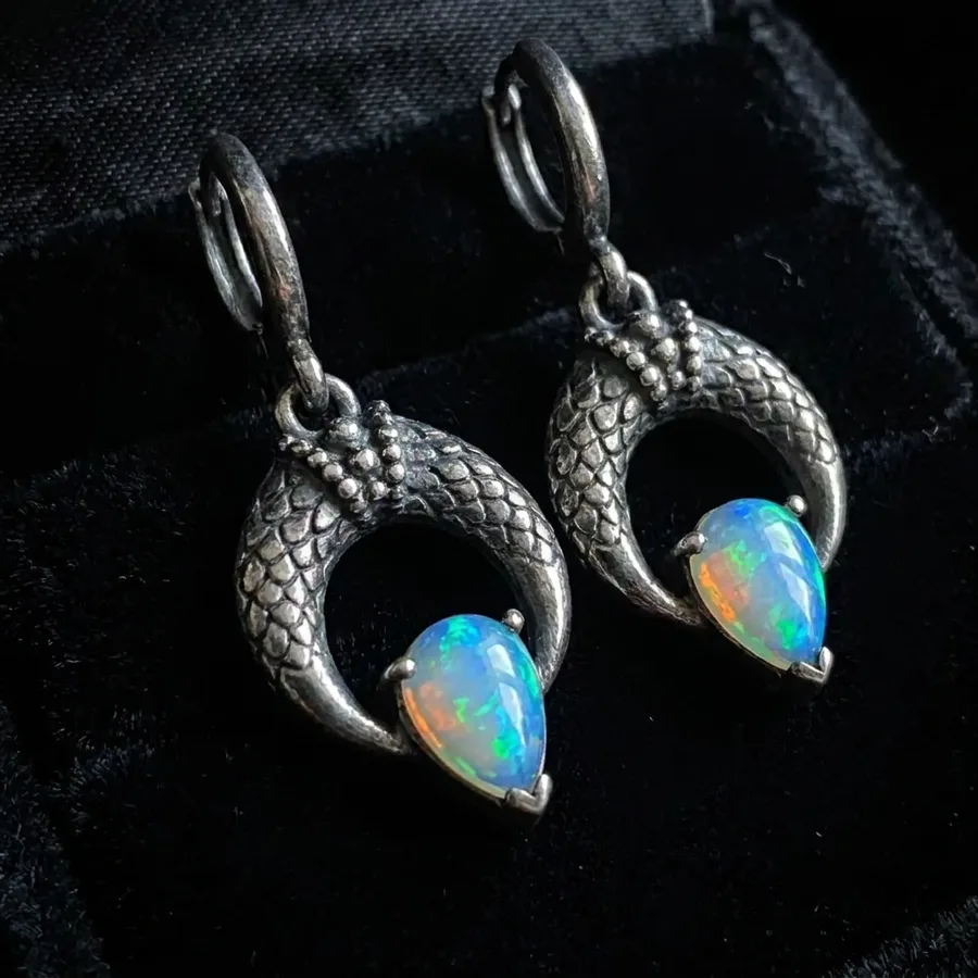 Ophidia — Lab-Created Opal Snake Earrings in Sterling Silver, view 2