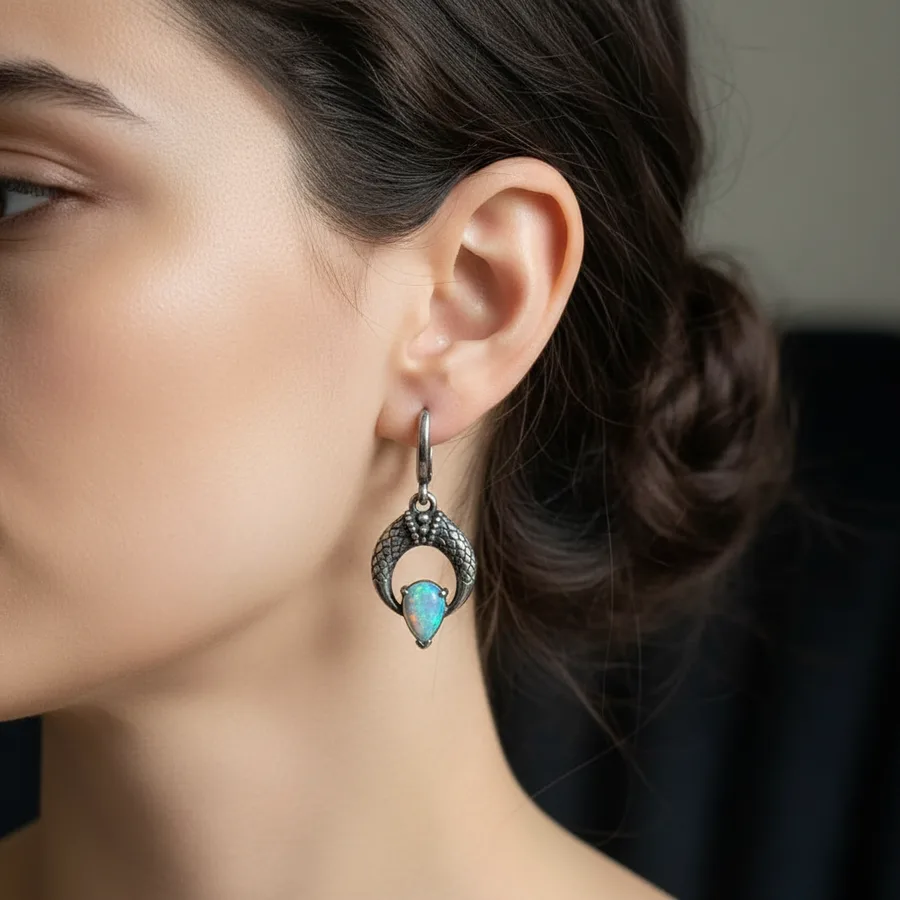 Ophidia — Lab-Created Opal Snake Earrings in Sterling Silver, view 3