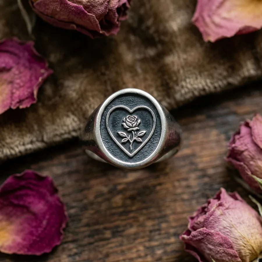 Sub Rosa — Rose Heart Signet Ring in Sterling Silver, view 1