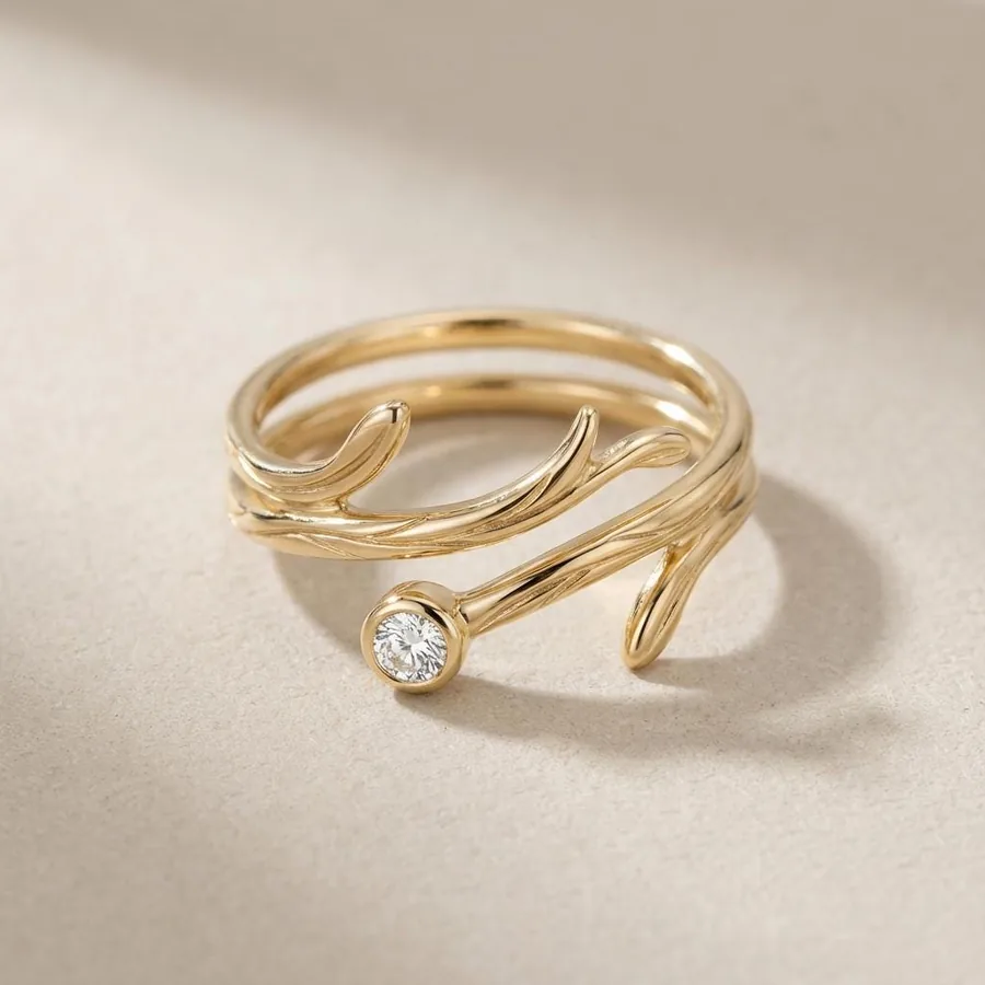 Tendril — Gold Vine Wrap Ring with Dew-Drop Stone, view 1