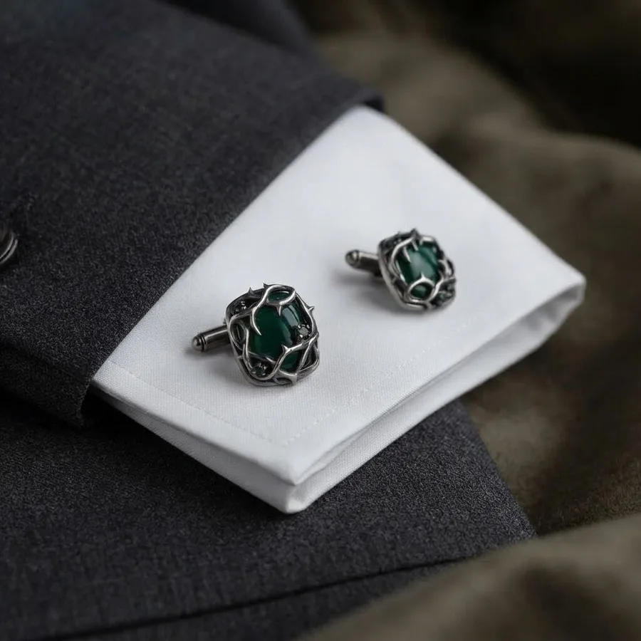 Thicket — Sterling Silver Thorn Cufflinks with a Green Cabochon, view 2