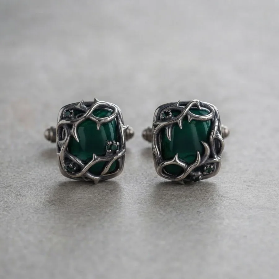 Thicket — Sterling Silver Thorn Cufflinks with a Green Cabochon, view 3