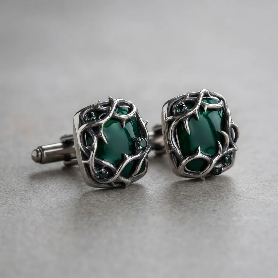 Thicket — Sterling Silver Thorn Cufflinks with a Green Cabochon, view 1