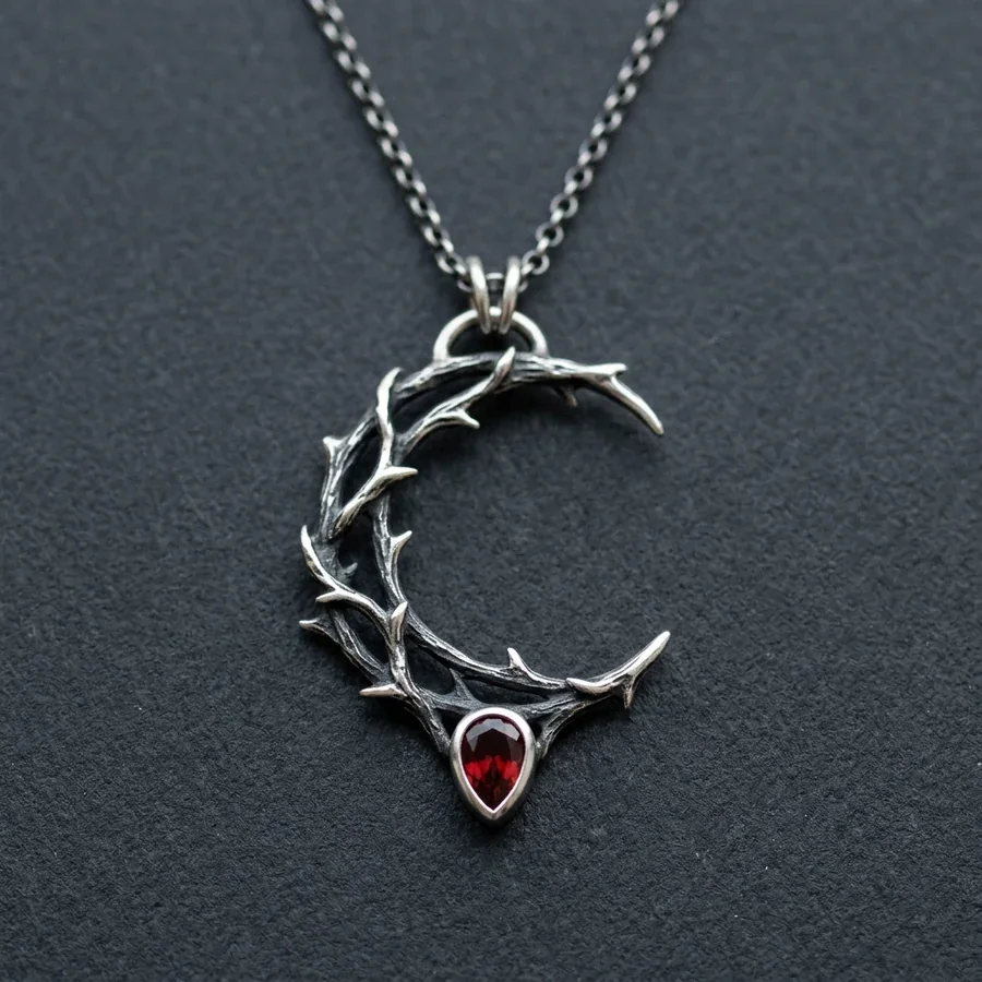 Hecate — Thorn Crescent Moon Necklace with a Lab-Created Red Stone