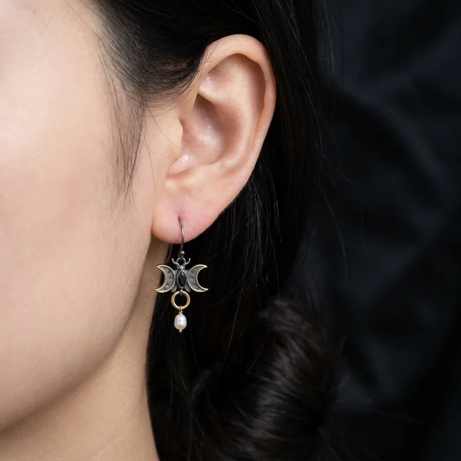 Triune — Sterling Silver Triple Moon Earrings with Cultured Pearl, view 2