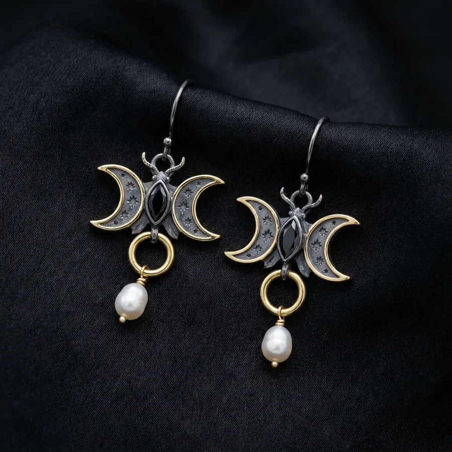 Triune — Sterling Silver Triple Moon Earrings with Cultured Pearl, view 3