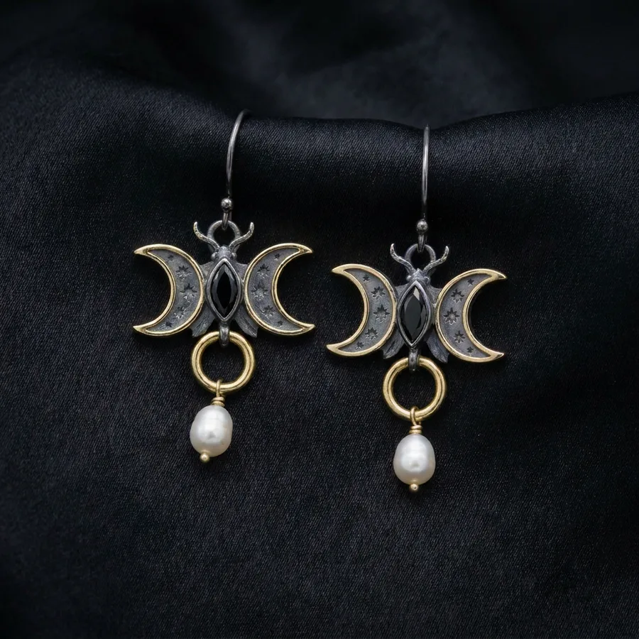 Triune — Sterling Silver Triple Moon Earrings with Cultured Pearl, view 1