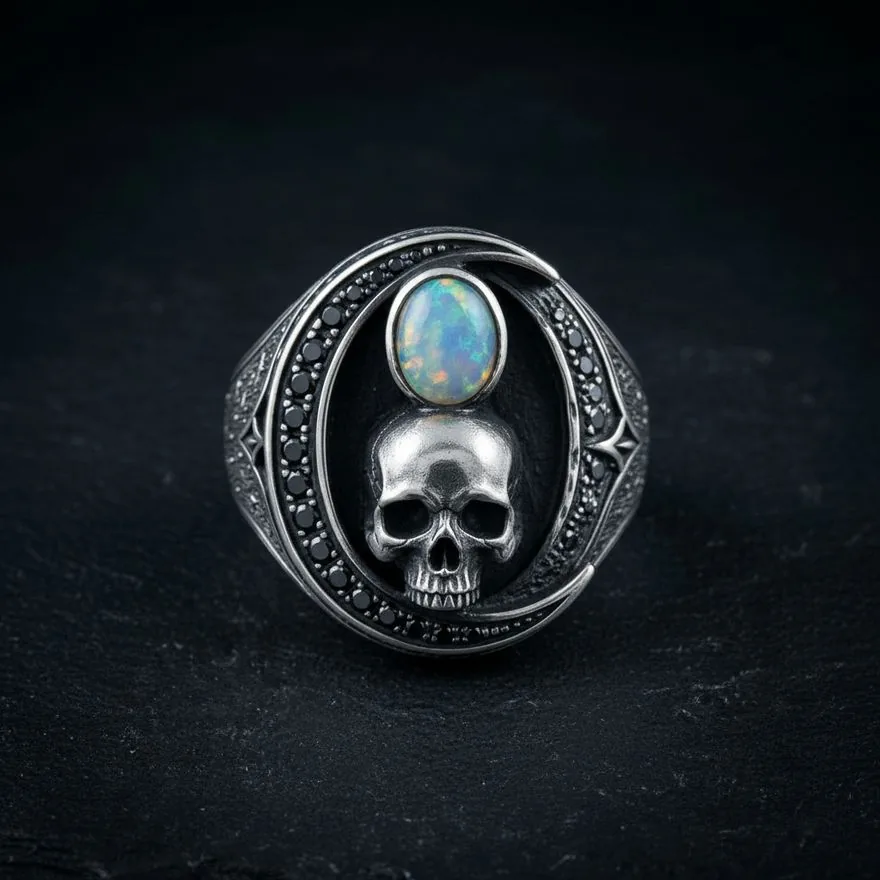 Vigil Signet — Sterling Silver Skull Ring with Lab Opal, view 2
