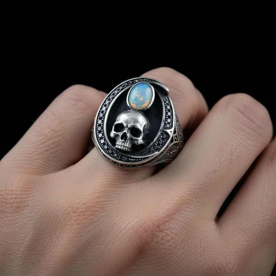 Vigil Signet — Sterling Silver Skull Ring with Lab Opal, view 4
