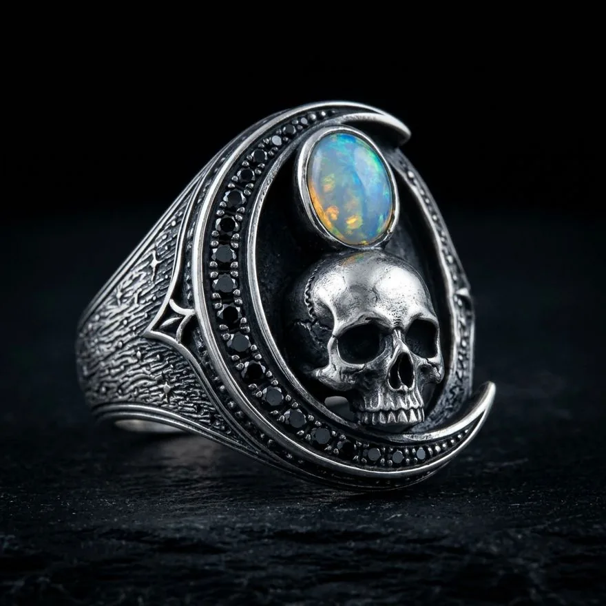 The Vigil Signet — a sterling silver skull ring under a crescent of black pavé with a lab-created opal