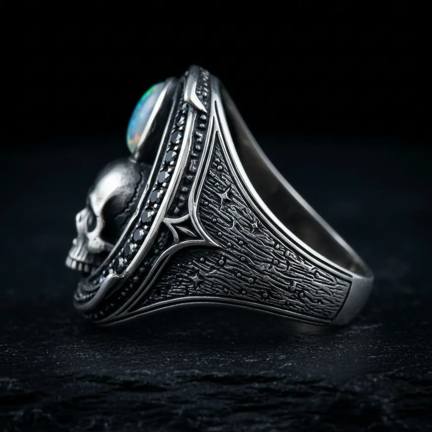 Vigil Signet — Sterling Silver Skull Ring with Lab Opal, view 3
