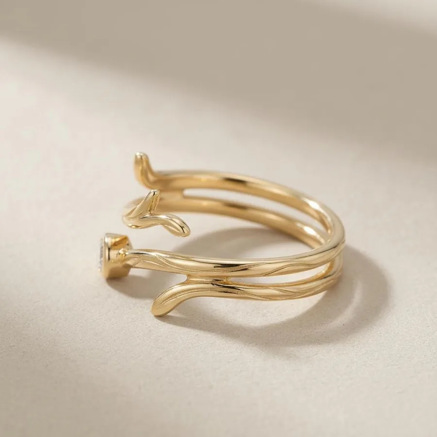Tendril — Gold Vine Wrap Ring with Lab-Created Dew-Drop Stone, view 2