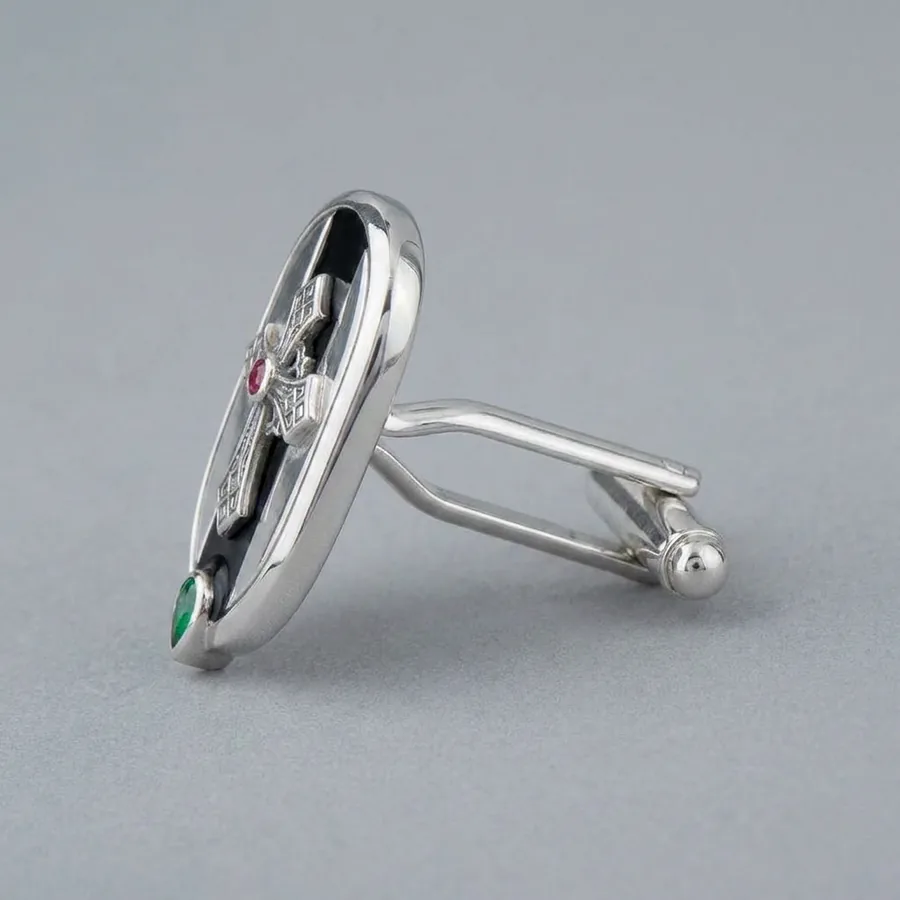 Ward Cufflinks — Gothic Cross Cufflinks with Lab Ruby & Emerald, view 2