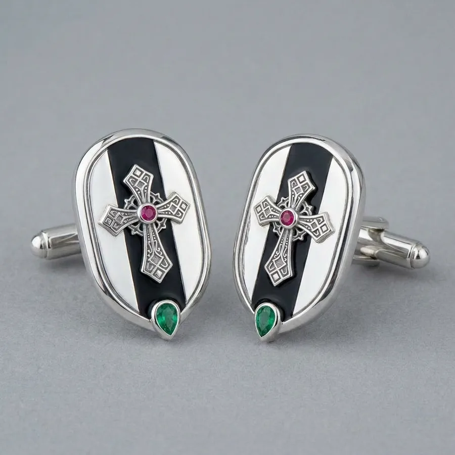 Ward Cufflinks — Gothic Cross Cufflinks with Lab Ruby & Emerald, view 3