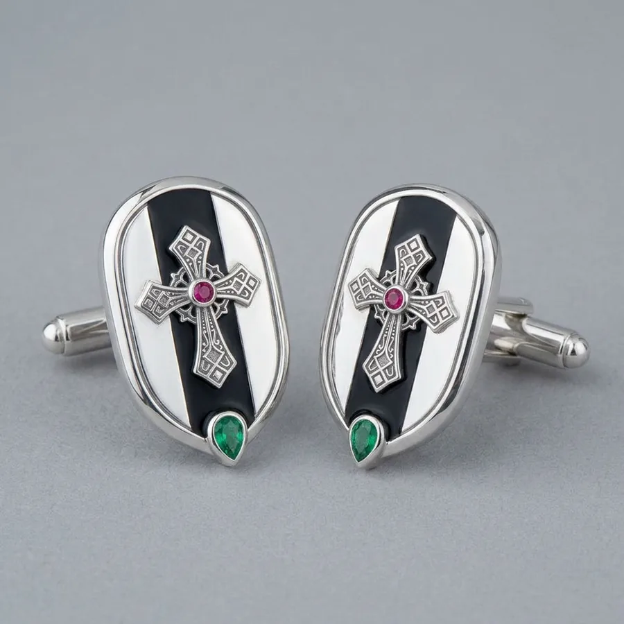 Ward Cufflinks — Gothic Cross Cufflinks with Lab Ruby & Emerald
