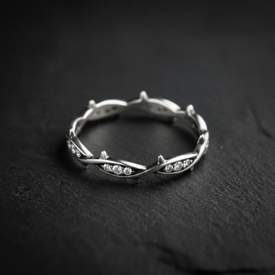 Evermore — Hers — Gothic Thorn Vine Wedding Band with Lab-Created White Stones, view 2