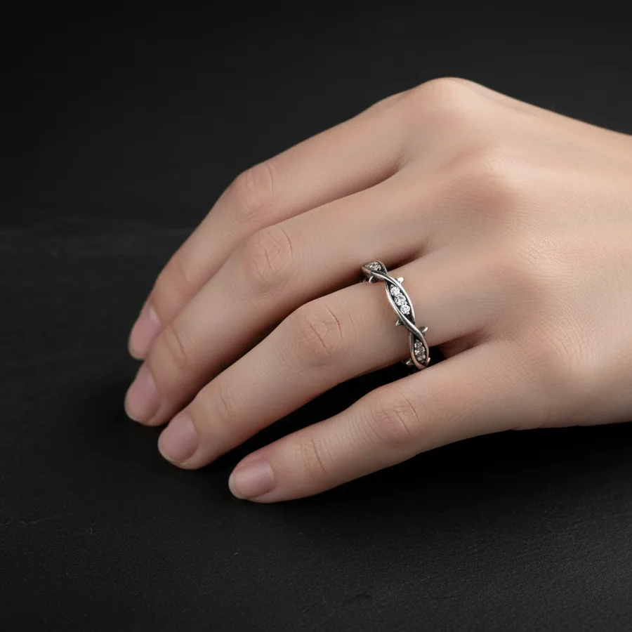 Evermore — Hers — Gothic Thorn Vine Wedding Band with Lab-Created White Stones, view 3