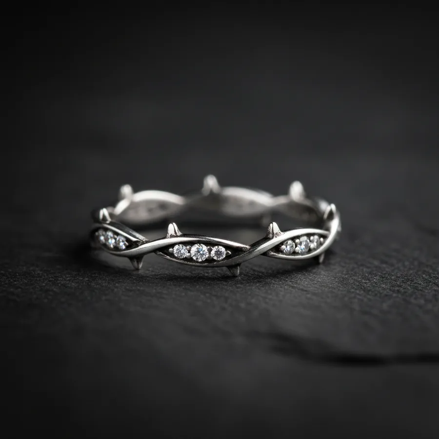 Evermore Hers — a slim oxidized sterling silver thorn-vine wedding band set with white lab-created stones