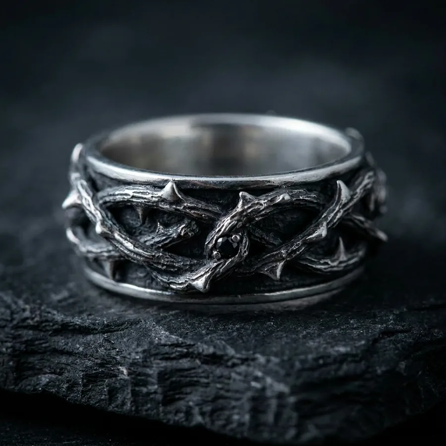 Evermore His — a wide oxidized sterling silver briar wedding band with a lab-created black stone set in the thorns